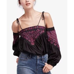 Free People Vacay Vibin Embroidered Cold Shoulder Top XS Black Boho Blouse EUC